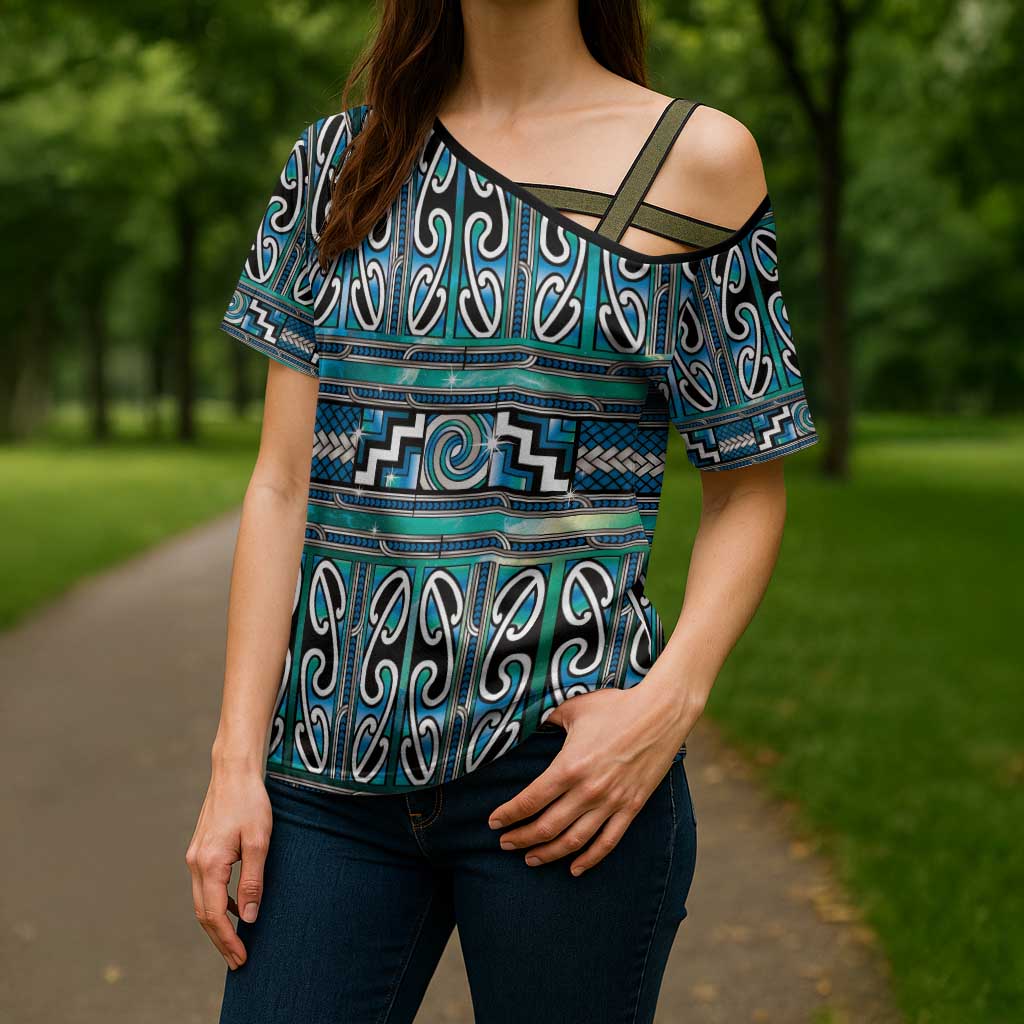 Maori Matariki Cross Shoulder Shirt Green Galaxy Aesthetic Koru Art