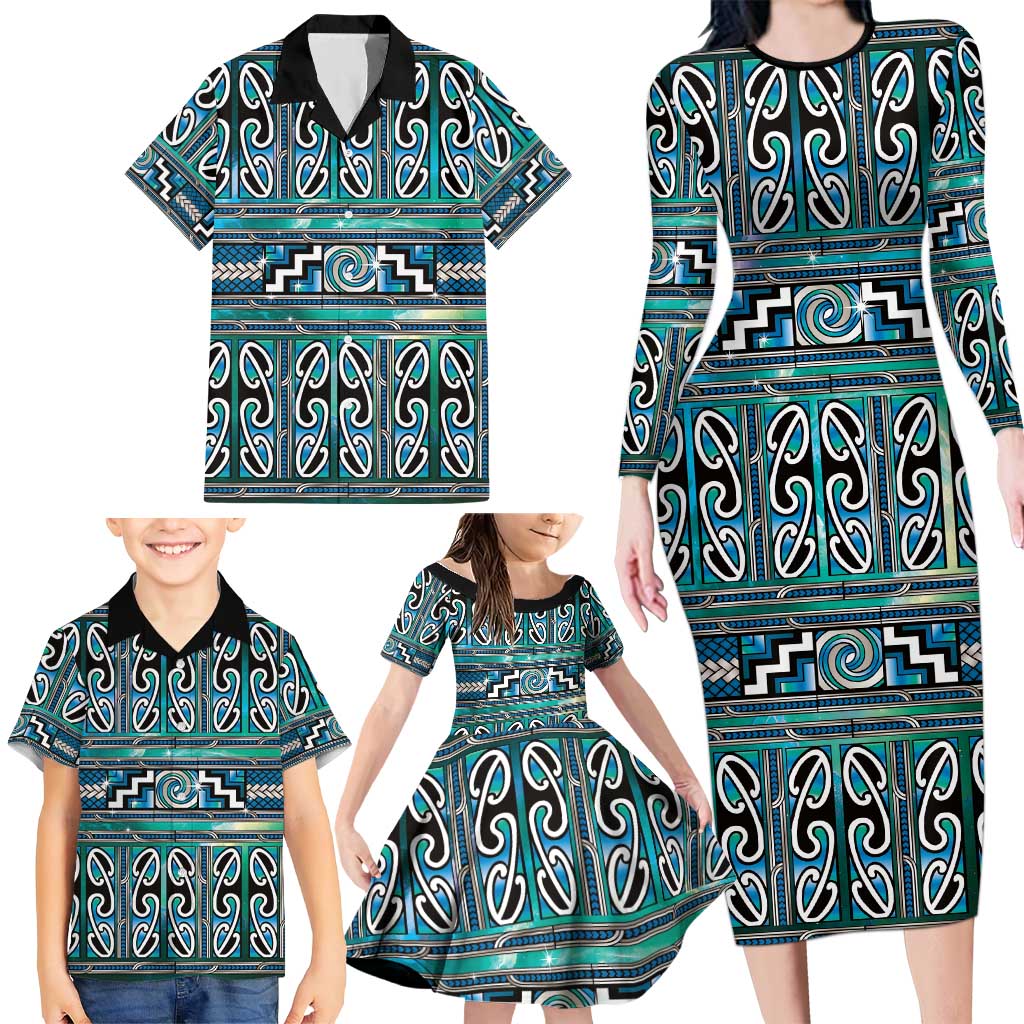 Maori Matariki Family Matching Long Sleeve Bodycon Dress and Hawaiian Shirt Green Galaxy Aesthetic Koru Art