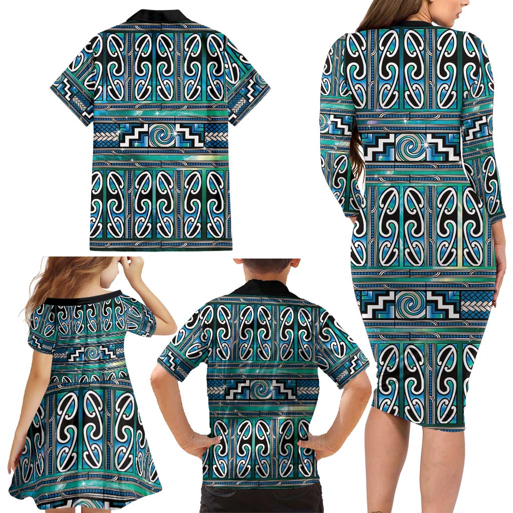 Maori Matariki Family Matching Long Sleeve Bodycon Dress and Hawaiian Shirt Green Galaxy Aesthetic Koru Art