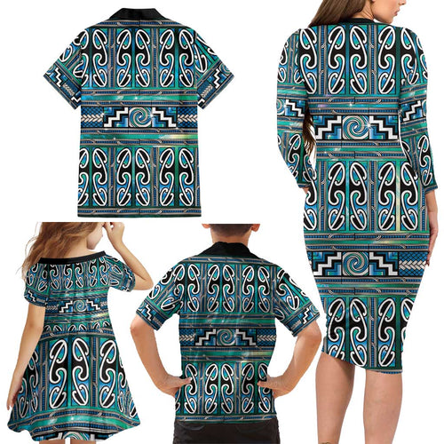 Maori Matariki Family Matching Long Sleeve Bodycon Dress and Hawaiian Shirt Green Galaxy Aesthetic Koru Art
