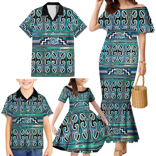 Maori Matariki Family Matching Mermaid Dress and Hawaiian Shirt Green Galaxy Aesthetic Koru Art