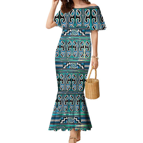 Maori Matariki Family Matching Mermaid Dress and Hawaiian Shirt Green Galaxy Aesthetic Koru Art