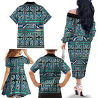 Maori Matariki Family Matching Off The Shoulder Long Sleeve Dress and Hawaiian Shirt Green Galaxy Aesthetic Koru Art