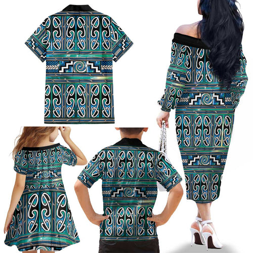 Maori Matariki Family Matching Off The Shoulder Long Sleeve Dress and Hawaiian Shirt Green Galaxy Aesthetic Koru Art