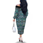 Maori Matariki Family Matching Off The Shoulder Long Sleeve Dress and Hawaiian Shirt Green Galaxy Aesthetic Koru Art