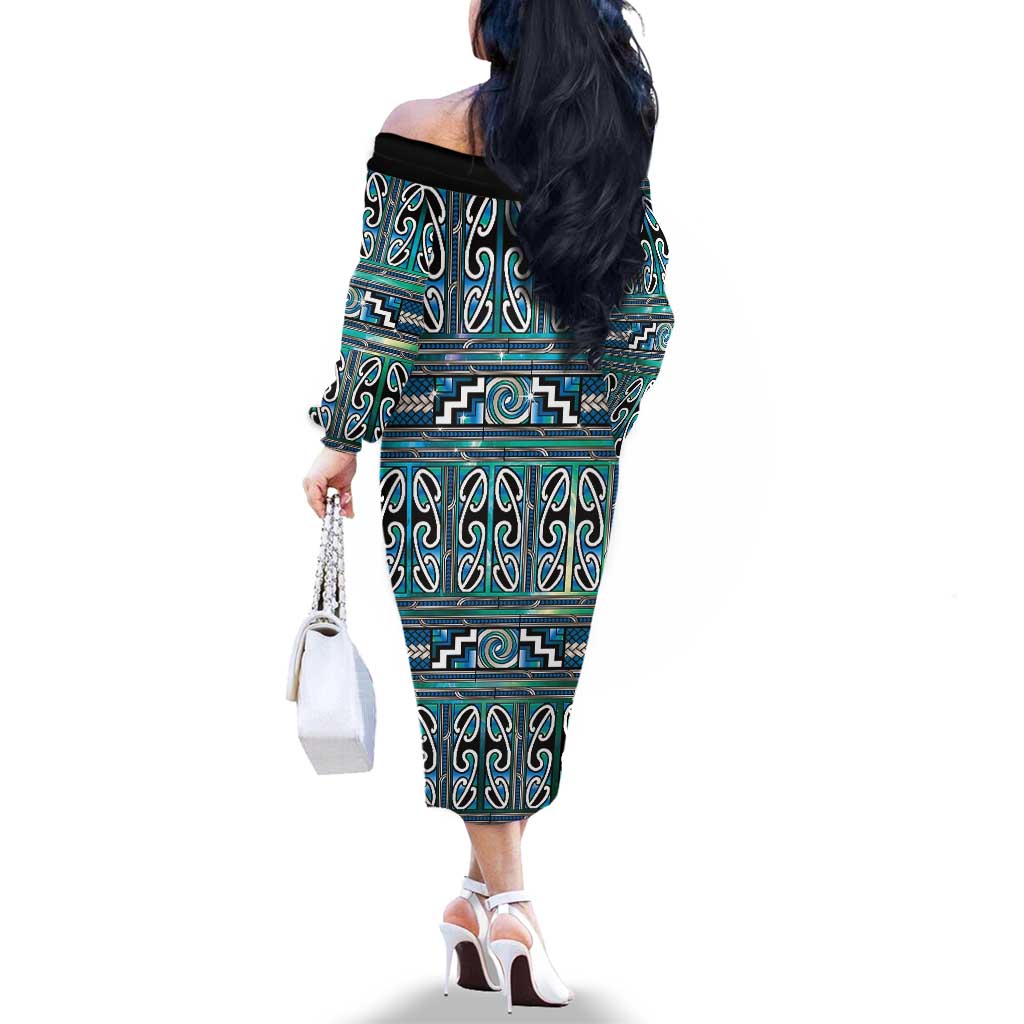 Maori Matariki Family Matching Off The Shoulder Long Sleeve Dress and Hawaiian Shirt Green Galaxy Aesthetic Koru Art