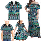 Maori Matariki Family Matching Off Shoulder Maxi Dress and Hawaiian Shirt Green Galaxy Aesthetic Koru Art