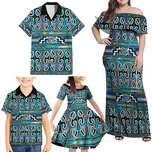 Maori Matariki Family Matching Off Shoulder Maxi Dress and Hawaiian Shirt Green Galaxy Aesthetic Koru Art