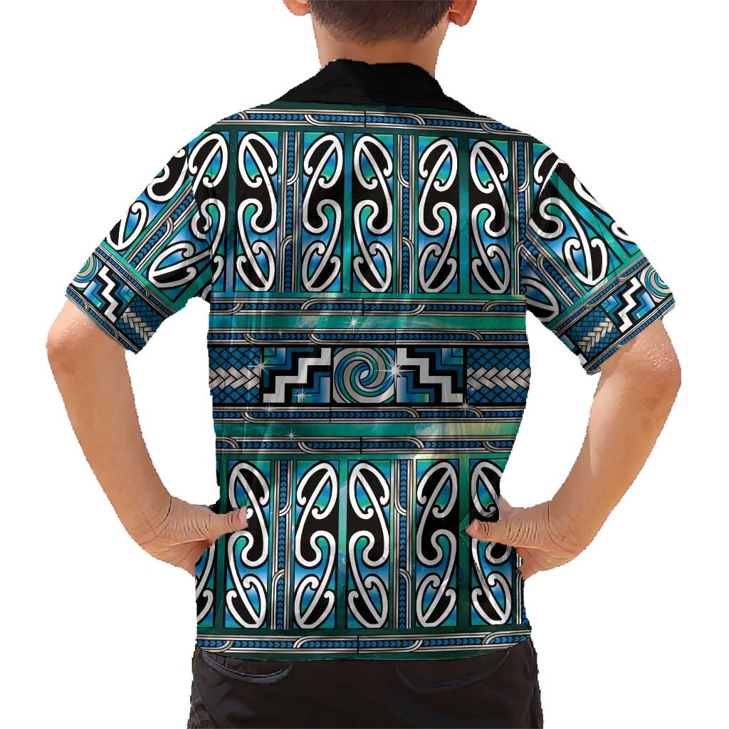Maori Matariki Family Matching Off Shoulder Maxi Dress and Hawaiian Shirt Green Galaxy Aesthetic Koru Art