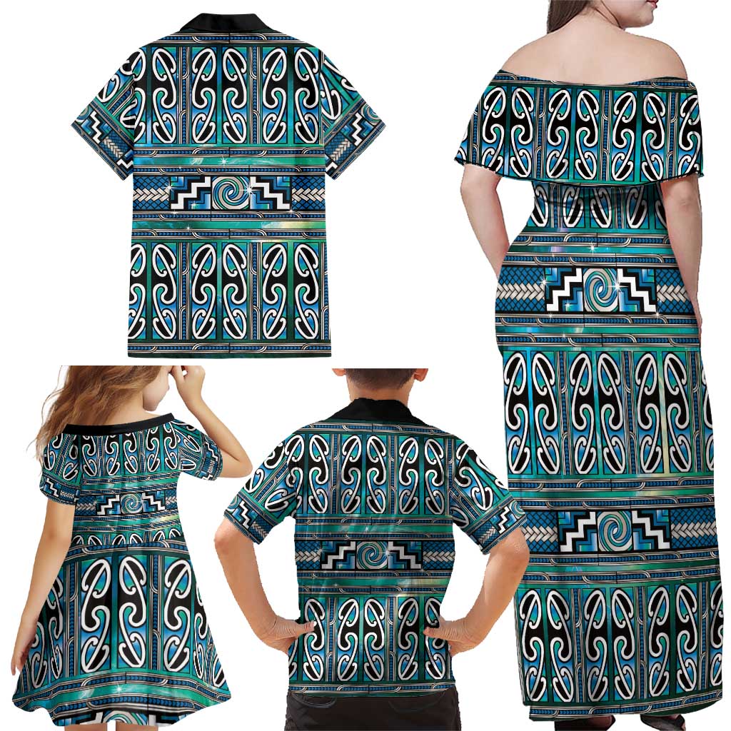 Maori Matariki Family Matching Off Shoulder Maxi Dress and Hawaiian Shirt Green Galaxy Aesthetic Koru Art