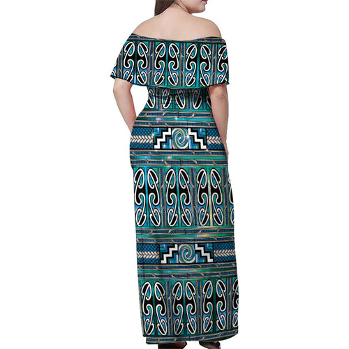 Maori Matariki Family Matching Off Shoulder Maxi Dress and Hawaiian Shirt Green Galaxy Aesthetic Koru Art