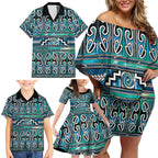 Maori Matariki Family Matching Off Shoulder Short Dress and Hawaiian Shirt Green Galaxy Aesthetic Koru Art