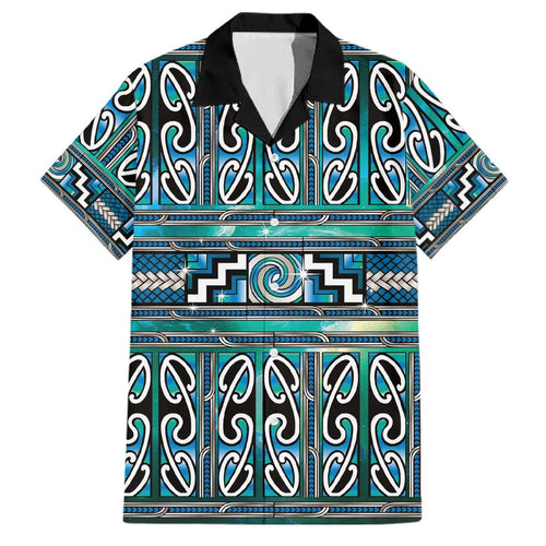 Maori Matariki Family Matching Off Shoulder Short Dress and Hawaiian Shirt Green Galaxy Aesthetic Koru Art