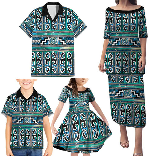 Maori Matariki Family Matching Puletasi and Hawaiian Shirt Green Galaxy Aesthetic Koru Art