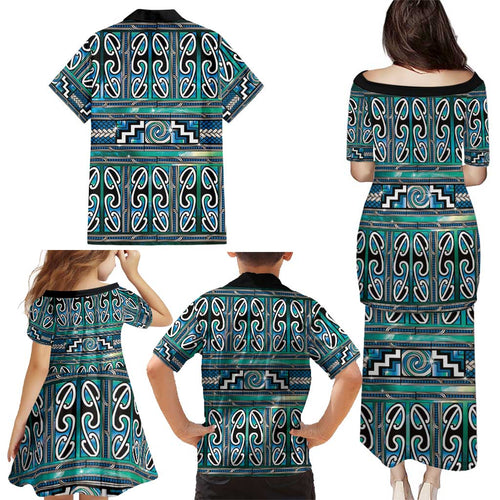Maori Matariki Family Matching Puletasi and Hawaiian Shirt Green Galaxy Aesthetic Koru Art