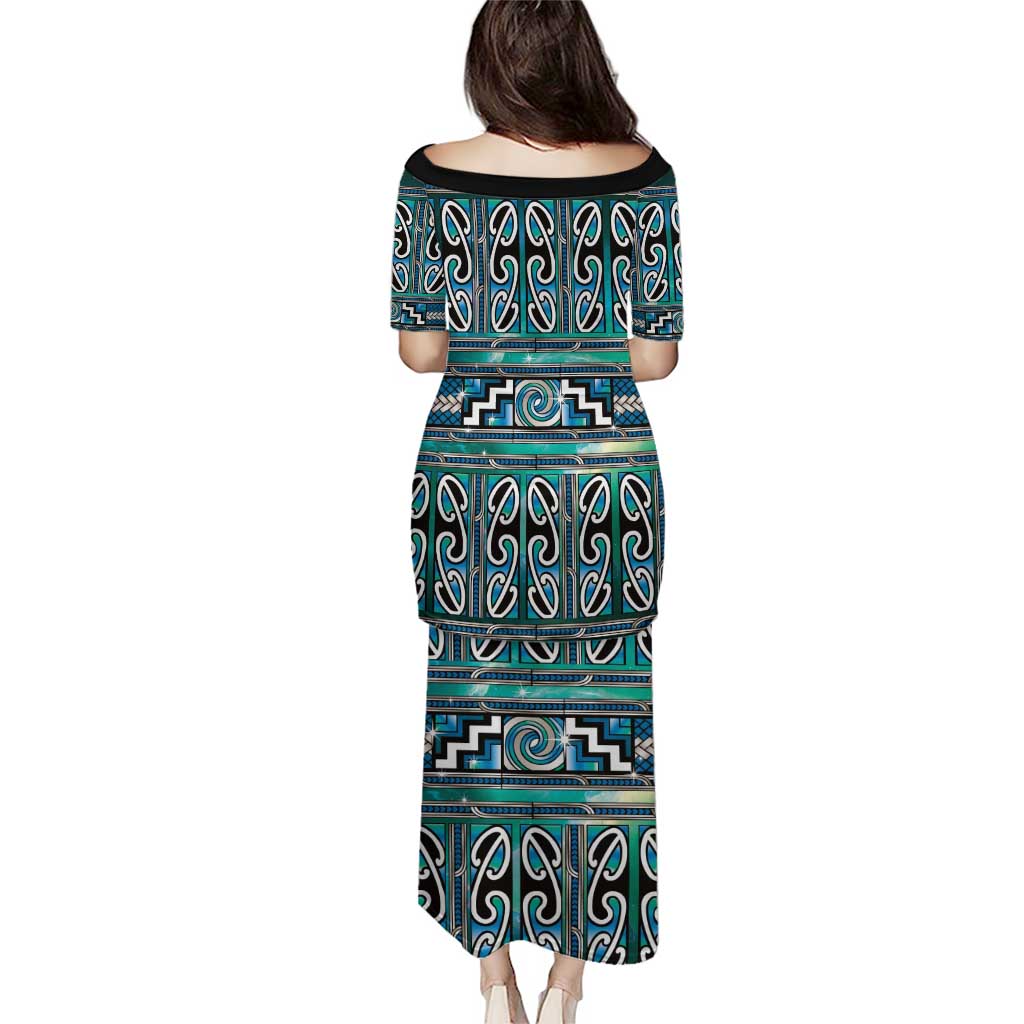 Maori Matariki Family Matching Puletasi and Hawaiian Shirt Green Galaxy Aesthetic Koru Art