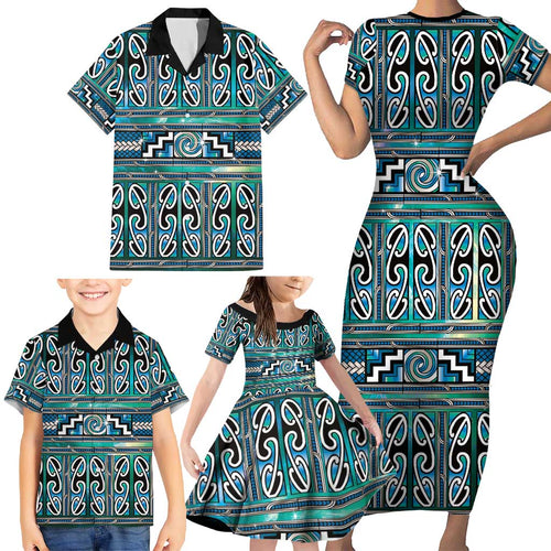 Maori Matariki Family Matching Short Sleeve Bodycon Dress and Hawaiian Shirt Green Galaxy Aesthetic Koru Art