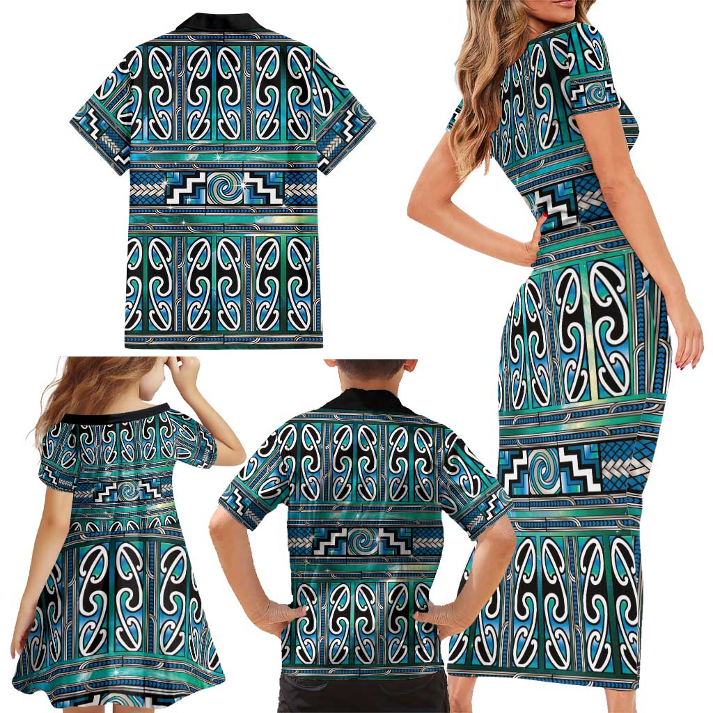 Maori Matariki Family Matching Short Sleeve Bodycon Dress and Hawaiian Shirt Green Galaxy Aesthetic Koru Art