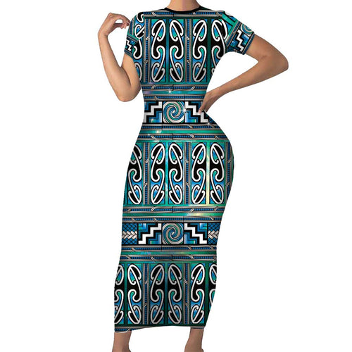 Maori Matariki Family Matching Short Sleeve Bodycon Dress and Hawaiian Shirt Green Galaxy Aesthetic Koru Art