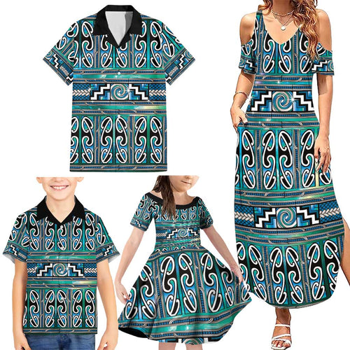 Maori Matariki Family Matching Summer Maxi Dress and Hawaiian Shirt Green Galaxy Aesthetic Koru Art