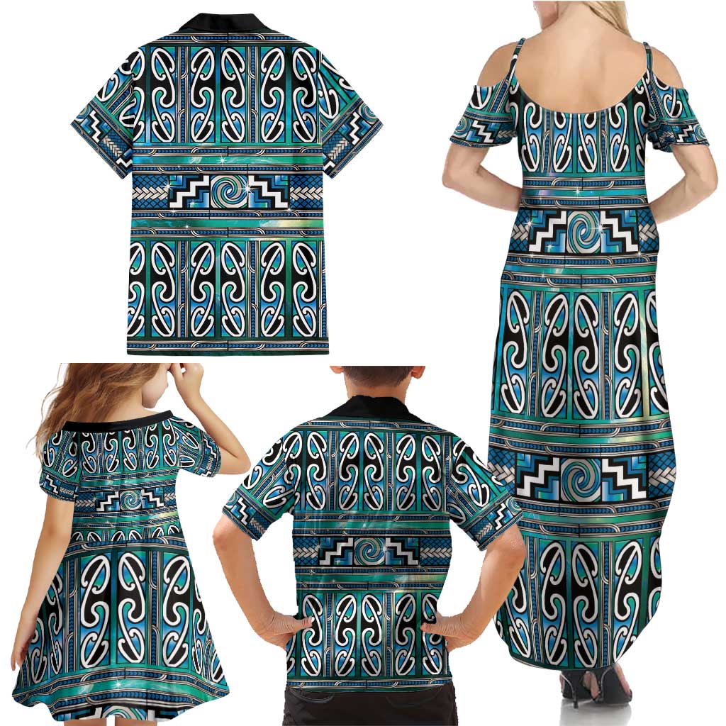 Maori Matariki Family Matching Summer Maxi Dress and Hawaiian Shirt Green Galaxy Aesthetic Koru Art