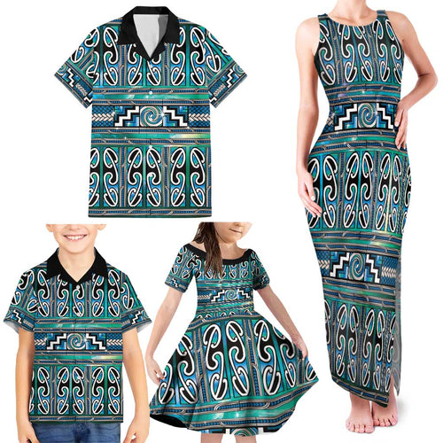 Maori Matariki Family Matching Tank Maxi Dress and Hawaiian Shirt Green Galaxy Aesthetic Koru Art