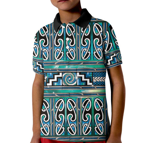 Maori Matariki Kid Polo Shirt Green Galaxy Aesthetic Koru Art