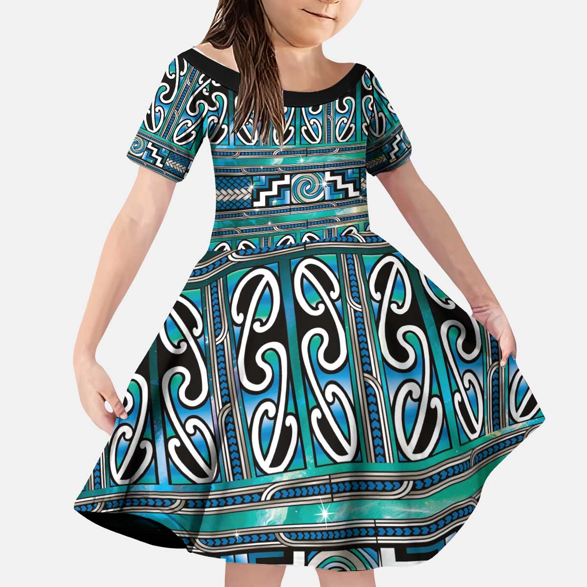 Maori Matariki Kid Short Sleeve Dress Green Galaxy Aesthetic Koru Art