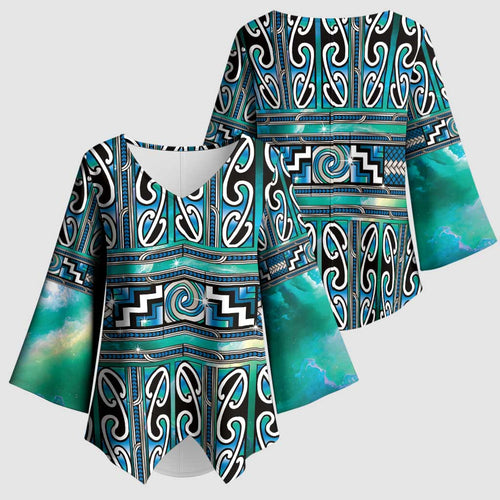 Maori Matariki Kimono Sleeve Blouse Green Galaxy Aesthetic Koru Art