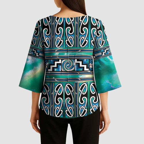 Maori Matariki Kimono Sleeve Blouse Green Galaxy Aesthetic Koru Art