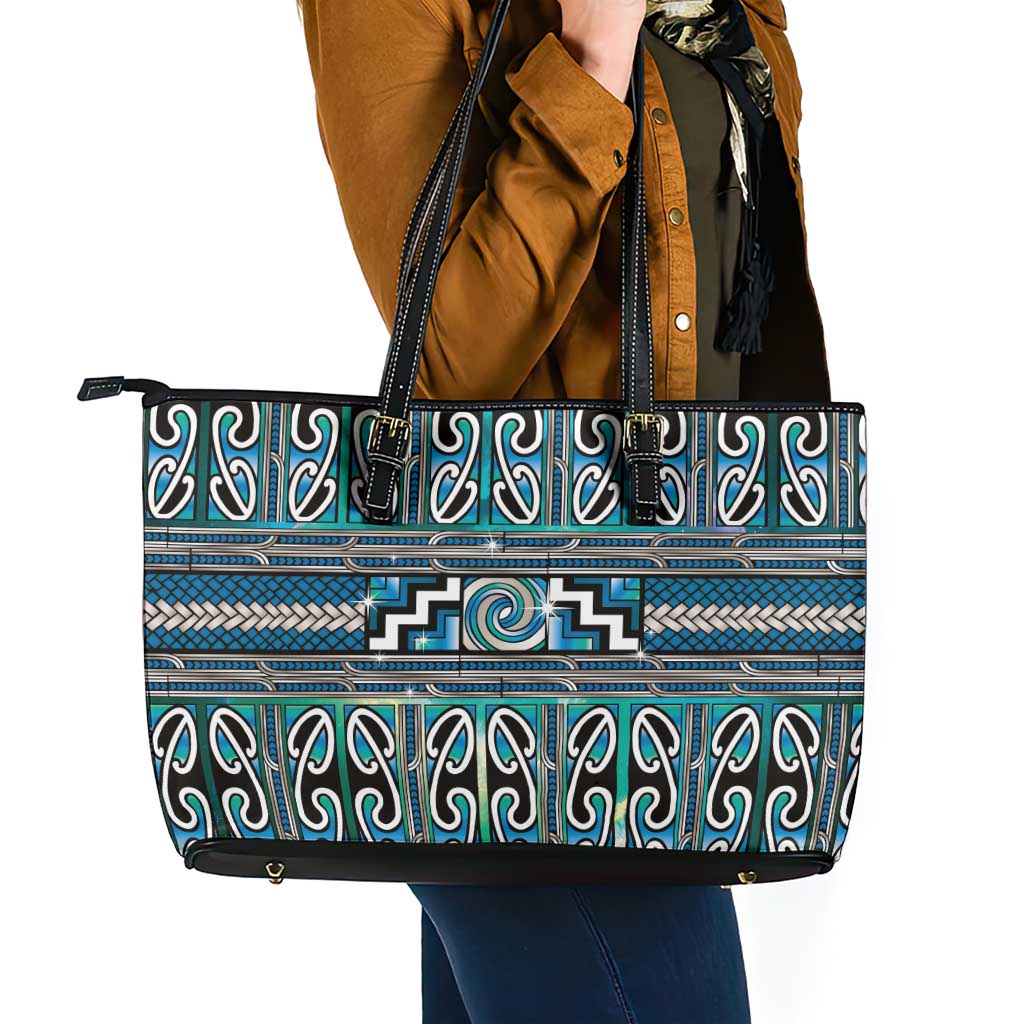 Maori Matariki Leather Tote Bag Green Galaxy Aesthetic Koru Art