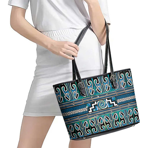 Maori Matariki Leather Tote Bag Green Galaxy Aesthetic Koru Art