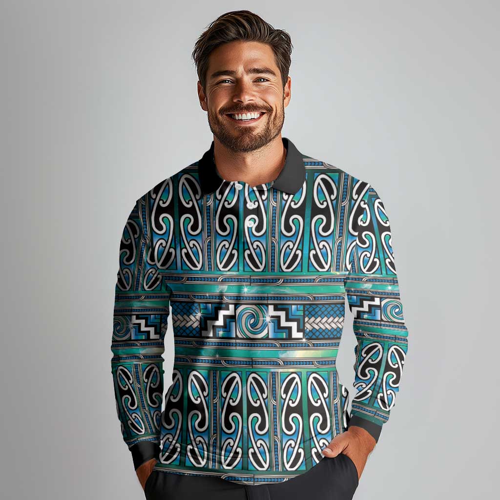 Maori Matariki Long Sleeve Polo Shirt Green Galaxy Aesthetic Koru Art