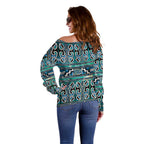 Maori Matariki Off Shoulder Sweater Green Galaxy Aesthetic Koru Art