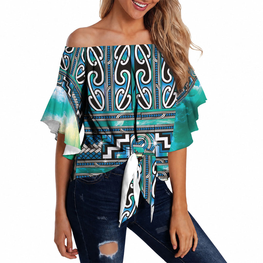 Maori Matariki Off Shoulder Wrap Waist Top Green Galaxy Aesthetic Koru Art