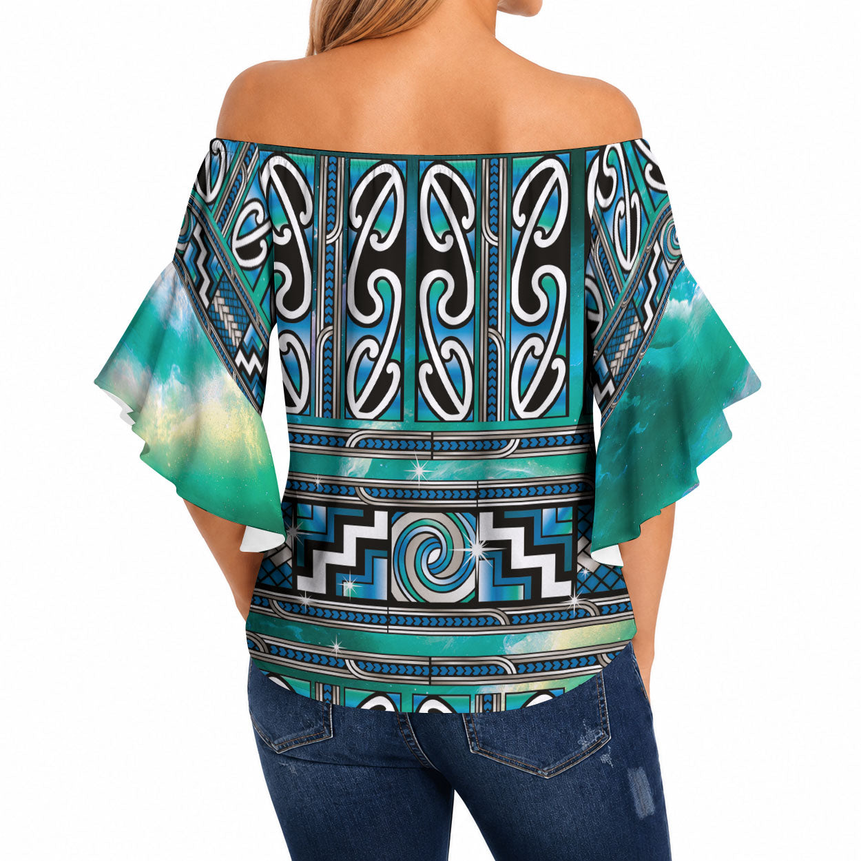 Maori Matariki Off Shoulder Wrap Waist Top Green Galaxy Aesthetic Koru Art
