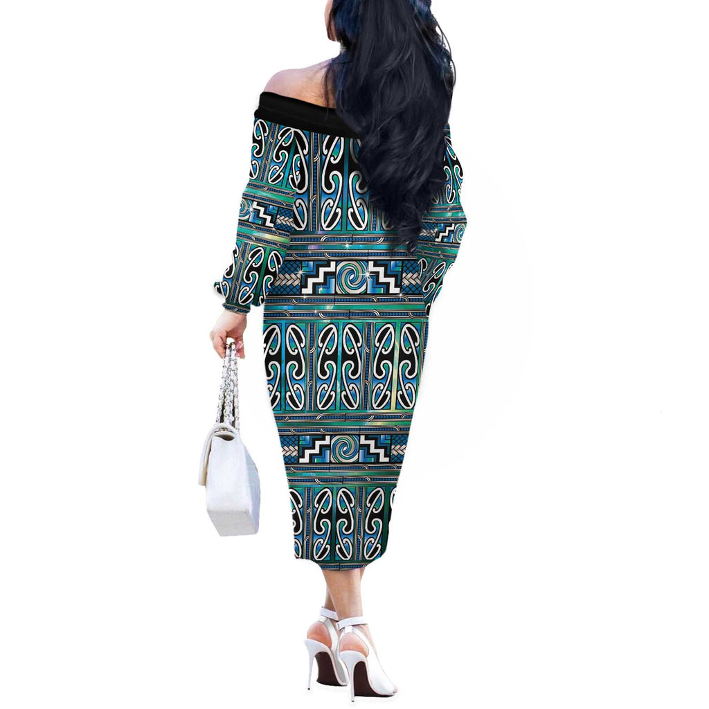Maori Matariki Off The Shoulder Long Sleeve Dress Green Galaxy Aesthetic Koru Art