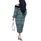 Maori Matariki Off The Shoulder Long Sleeve Dress Green Galaxy Aesthetic Koru Art