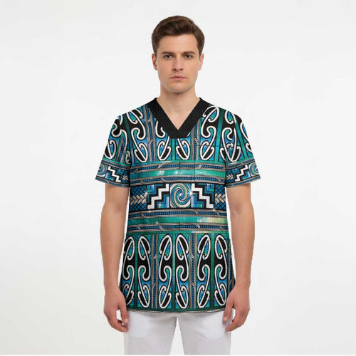Maori Matariki Scrub Top Green Galaxy Aesthetic Koru Art