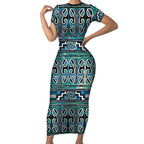 Maori Matariki Short Sleeve Bodycon Dress Green Galaxy Aesthetic Koru Art