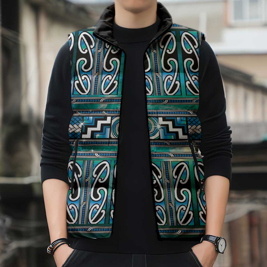 Maori Matariki Sleeveless Puffer Jacket Green Galaxy Aesthetic Koru Art