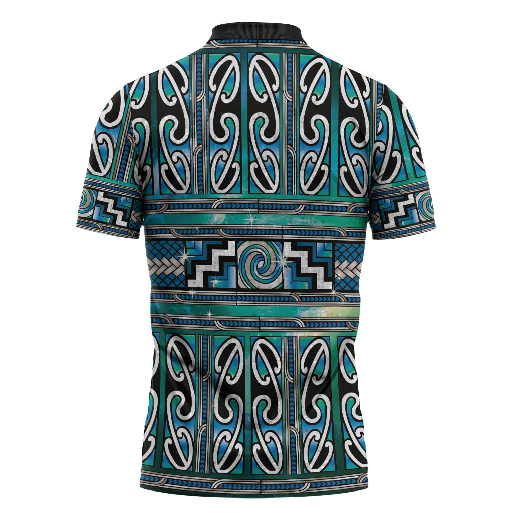 Maori Matariki Zipper Polo Shirt Green Galaxy Aesthetic Koru Art