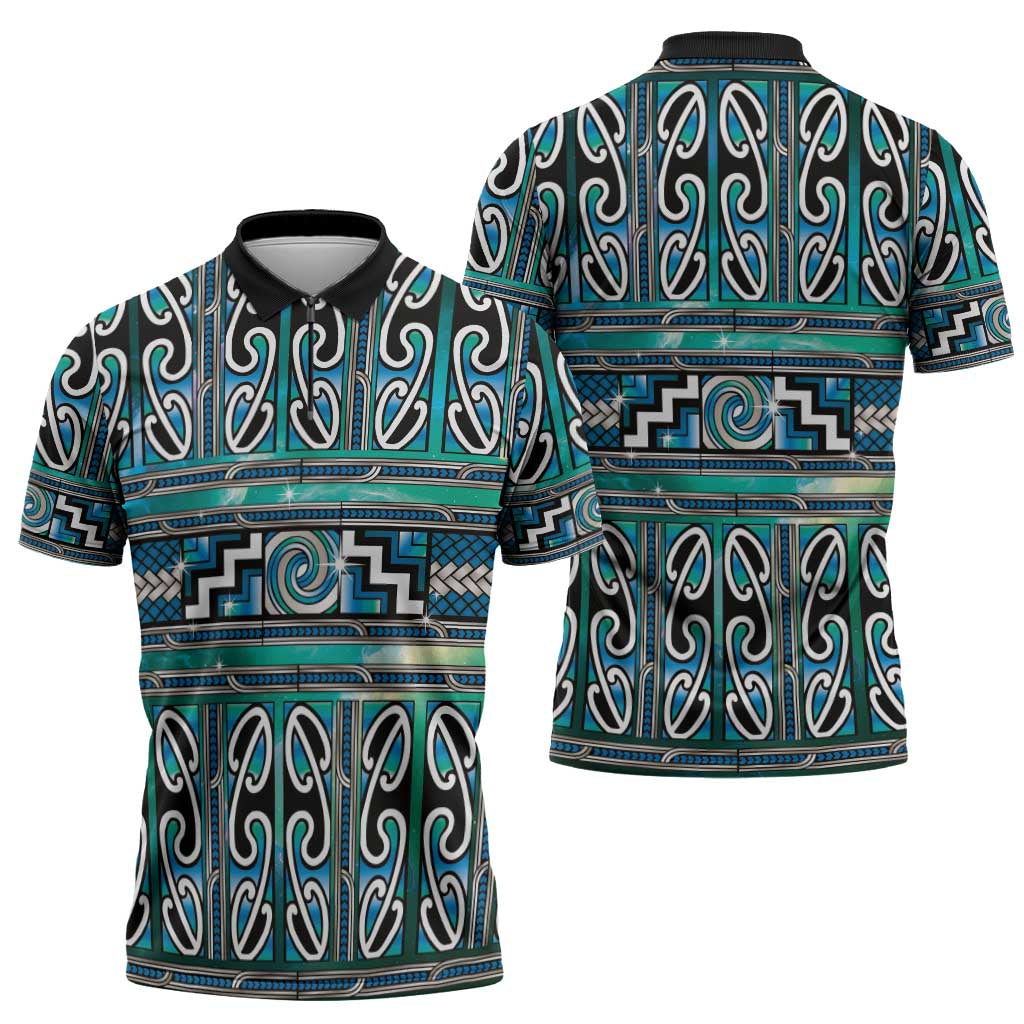 Maori Matariki Zipper Polo Shirt Green Galaxy Aesthetic Koru Art