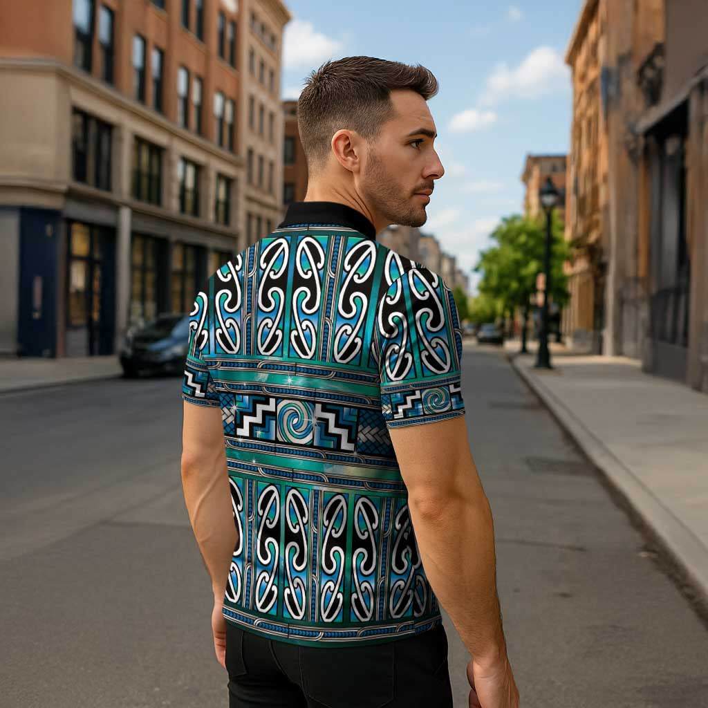 Maori Matariki Zipper Polo Shirt Green Galaxy Aesthetic Koru Art