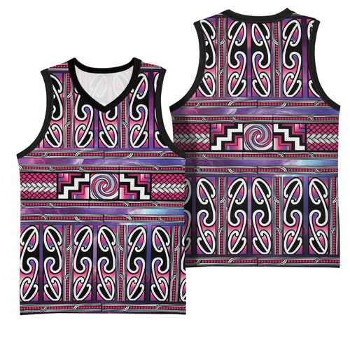 Maori Matariki Basketball Jersey Pink Galaxy Aesthetic Koru Art