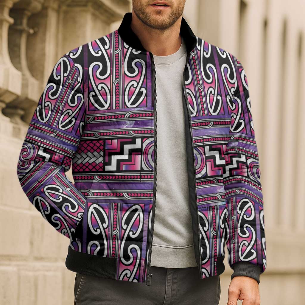 Maori Matariki Bomber Puffer Jacket Pink Galaxy Aesthetic Koru Art