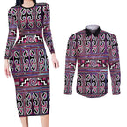 Maori Matariki Couples Matching Long Sleeve Bodycon Dress and Long Sleeve Button Shirt Pink Galaxy Aesthetic Koru Art