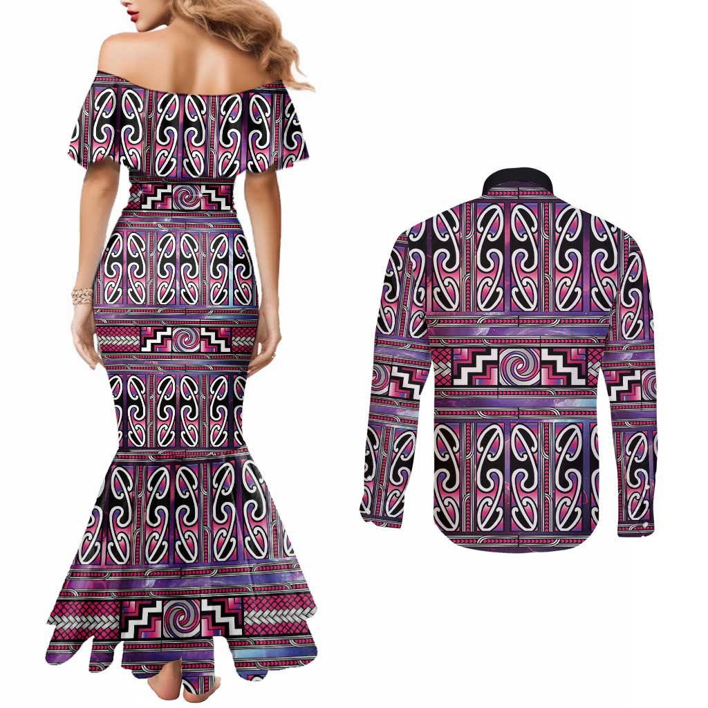 Maori Matariki Couples Matching Mermaid Dress and Long Sleeve Button Shirt Pink Galaxy Aesthetic Koru Art