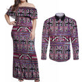 Maori Matariki Couples Matching Off Shoulder Maxi Dress and Long Sleeve Button Shirt Pink Galaxy Aesthetic Koru Art