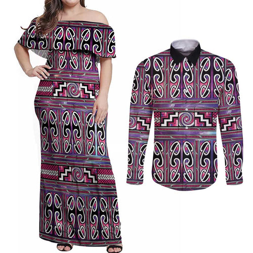 Maori Matariki Couples Matching Off Shoulder Maxi Dress and Long Sleeve Button Shirt Pink Galaxy Aesthetic Koru Art